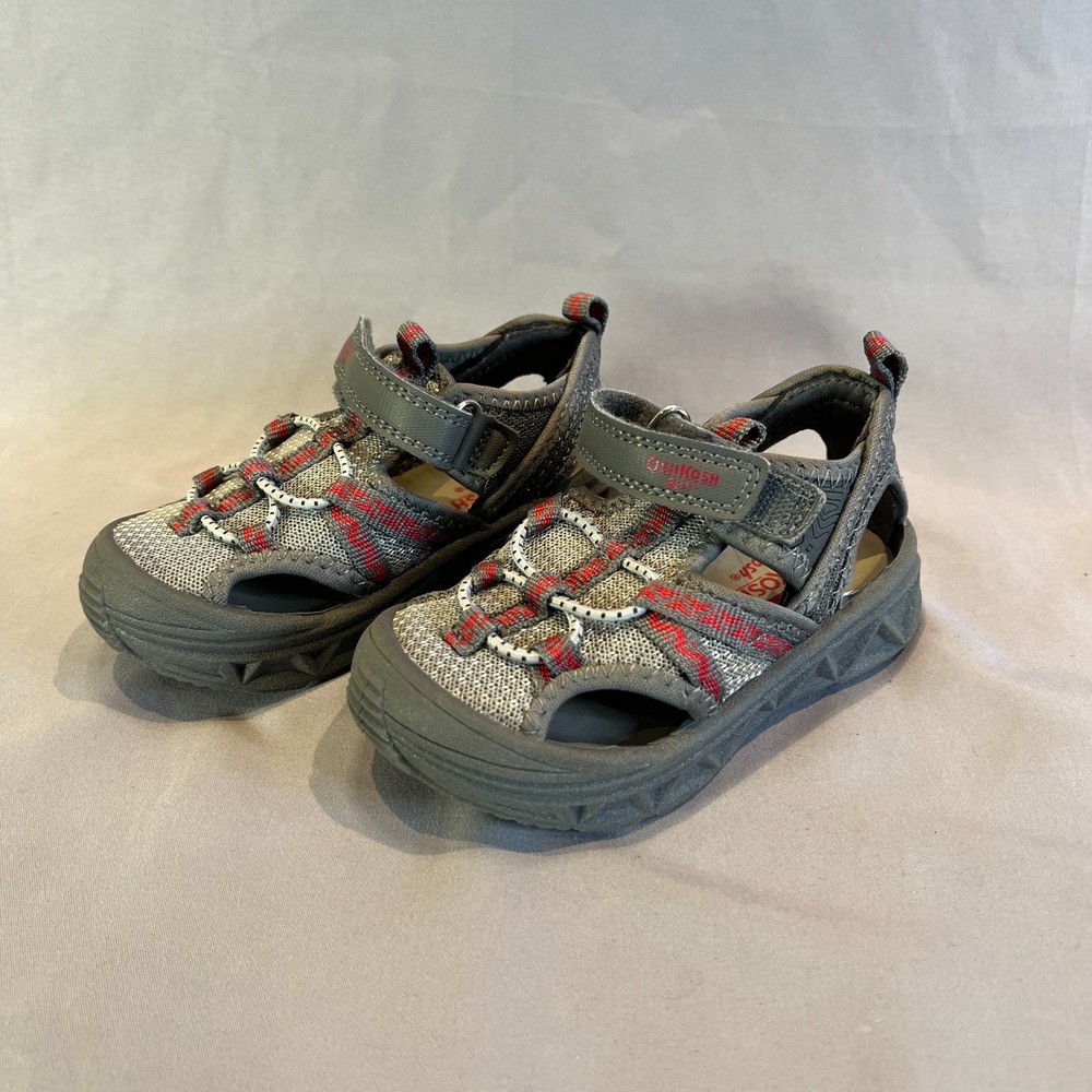 Oshkosh B'Gosh Abe Play Toddler 8 M Strappy Gray Red Textile Closed Toe Sandals
